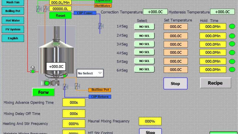 Image of PLC HMI graphic display on the 500L brewhouse
